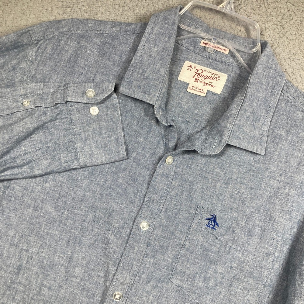 Original Penguin Button Up Shirt Mens XL Blue Linen Blend Heritage Slim Fit